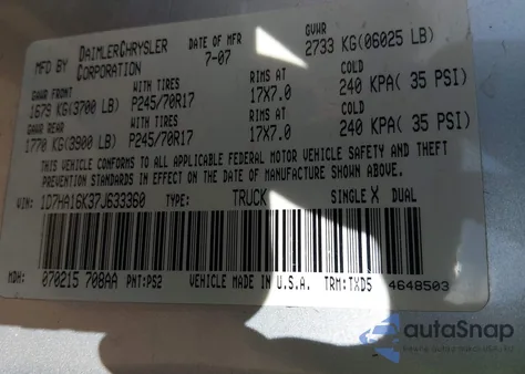 2007 Dodge Ram 1500 St z USA, uszkodzony, nr VIN 1D7HA16K37J633360